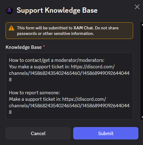 XAM Support Knowledge Base Setup